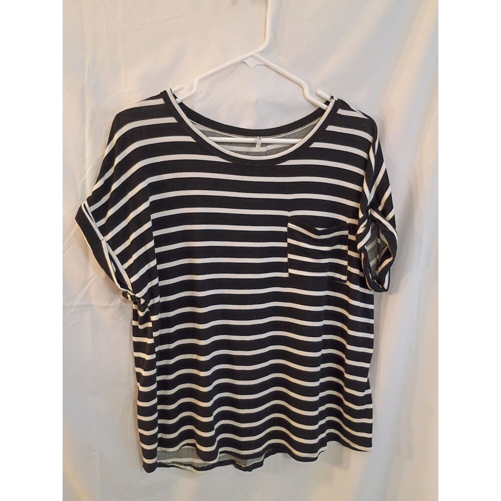 3rd & malt Striped Short Sleeve Pocket T-Shirt Black White Casual Top efforless